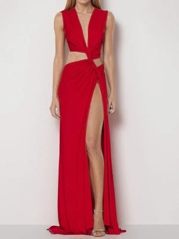 Robe sexy décolleté en V profond élégante ajourée fendue sans manches