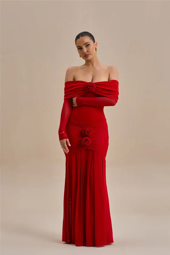 Robe longue sexy épaules dénudées sans bretelles manches longues dos nu