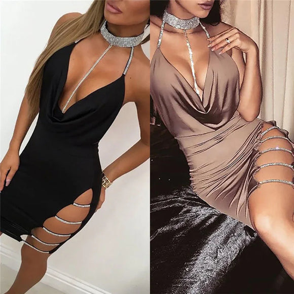 Women's Sexy Mini Dress Halter elegant Backless Bodycon with Slit