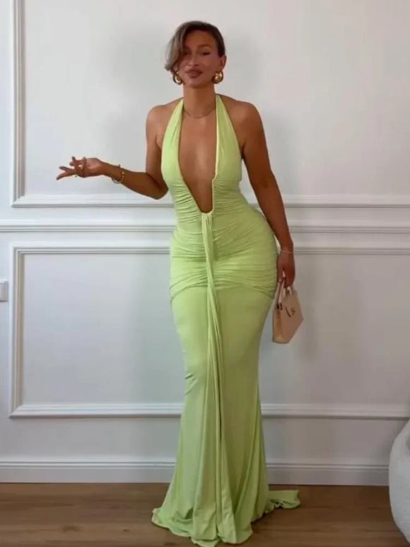 Women's Sexy Maxi Dress Elegant Deep V-Neck Ruched Backless