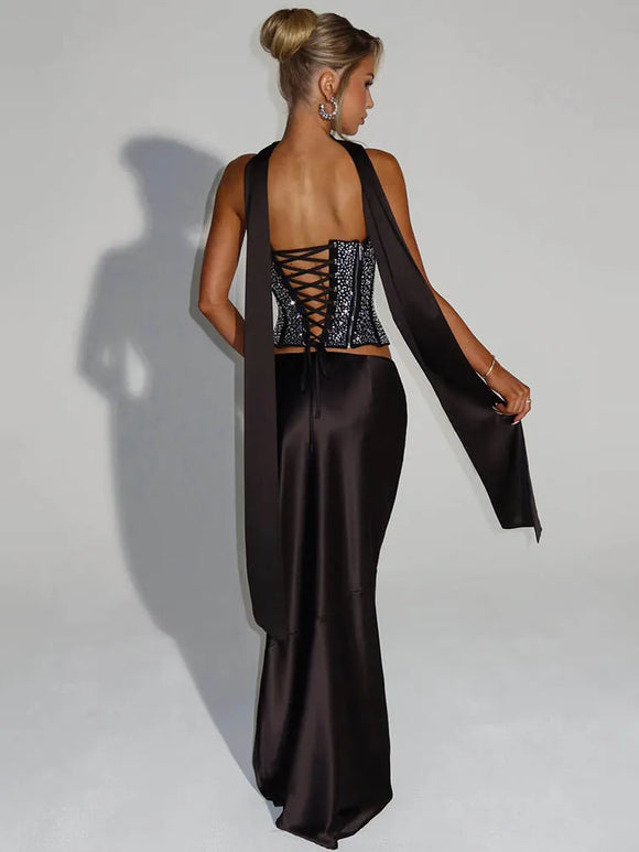 Women's Sexy Dress Sequin Set Crop Top Long Satin Skirt Elegant
