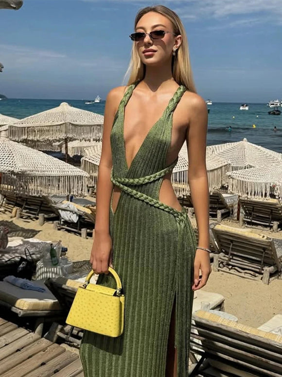 Women's Sexy Long Knit Dress Sleeveless Backless Elegant Side Slit