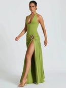 Maxi Dress Set Sexy Elegant Backless Halter Neck Bodysuit Slit Long Skirt
