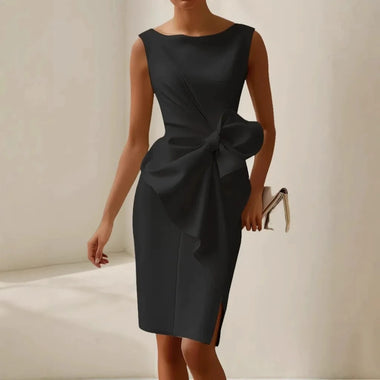 Elegant Sexy Dress For Women Round Neck Sleeveless Bow Slit Evening