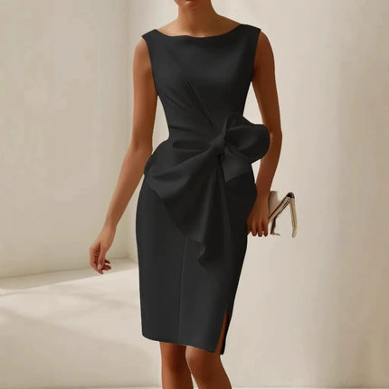 Elegant Sexy Dress For Women Round Neck Sleeveless Bow Slit Evening