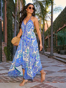 Bohemian Floral Sexy Maxi Dress for Women Elegant Strap Halter V Neck