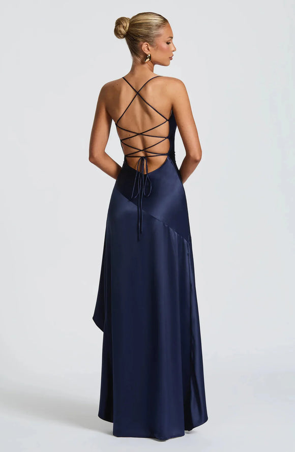 Articat Elegant Sexy Long Dress Satin Women Spaghetti Straps Backless Slit
