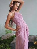 Vestido largo elegante halter hombros descubiertos sin espalda abertura  fruncido-13