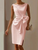 Elegant Sexy Dress For Women Round Neck Sleeveless Bow Slit Evening