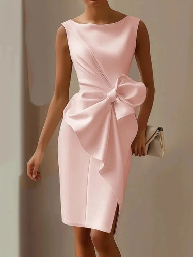 Elegant Sexy Dress For Women Round Neck Sleeveless Bow Slit Evening