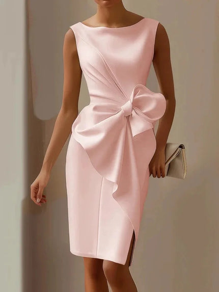 Elegant Sexy Dress For Women Round Neck Sleeveless Bow Slit Evening