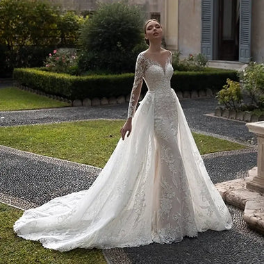 Women’s Mermaid Wedding Dress Elegant Luxury Long Sleeve Tulle Backless Gown