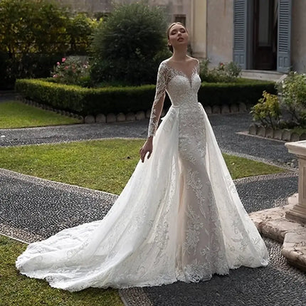 Women’s Mermaid Wedding Dress Elegant Luxury Long Sleeve Tulle Backless Gown