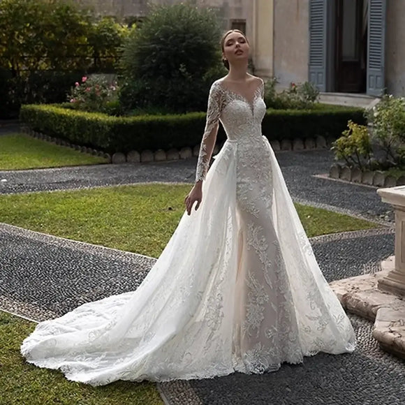 Women’s Mermaid Wedding Dress Elegant Luxury Long Sleeve Tulle Backless Gown