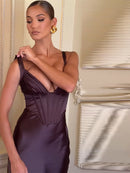 Women's Sexy Long  Dress Satin Elegant Backless Bodycon Fishbone-7