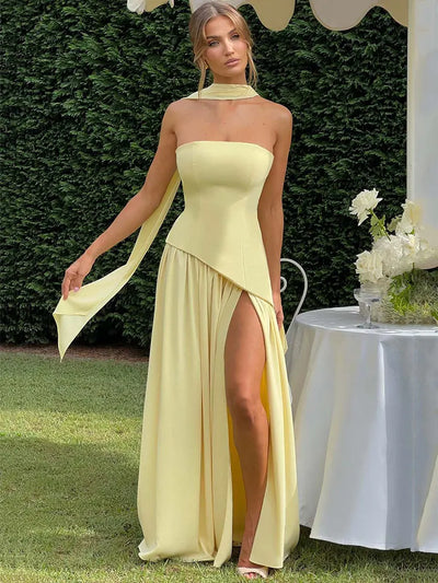 Women's Sexy Maxi Dress Elegant Strapless Backless High Slit Evening Gown