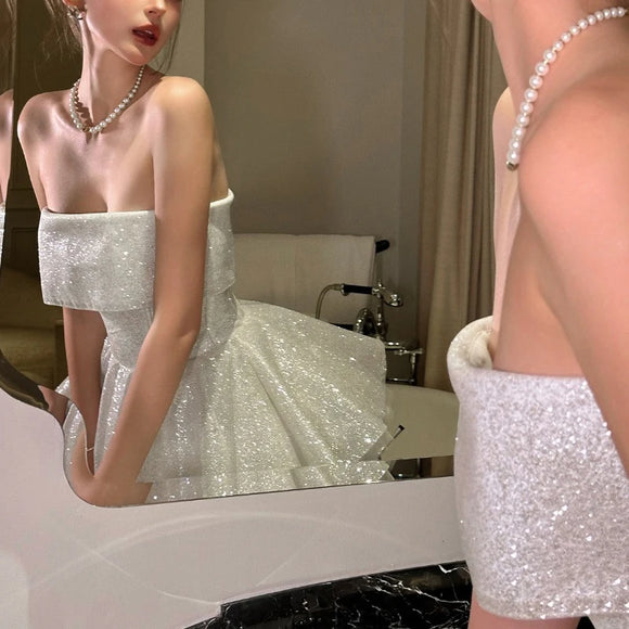 Women's Sexy Mini Dress Elegant Sequin Ruffle Strapless A-Line Party