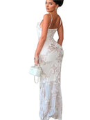 Elegant Long Dress for Women Straps Mesh Embroidered Flowers Evening