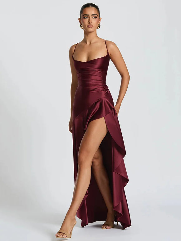 Elegant Sexy Maxi Dress Satin Women Spaghetti Straps Backless Slit