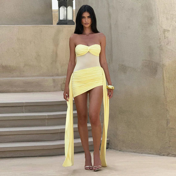 Women's Sexy Mini Dress Strapless Off Shoulder Backless Ruched Draped