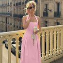 Vestido midi sexy cuello halter espalda descubierta liso sin mangas corte A-17