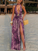 Sexy Maxi Dress Elegant For Women Leopard Patchwork Backless Side Slit