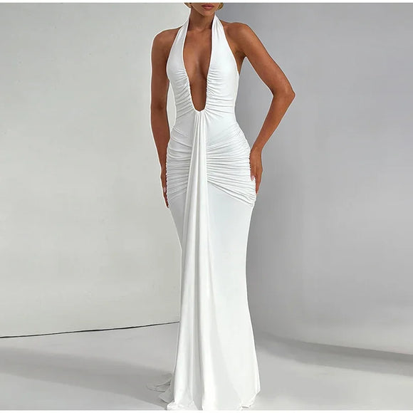 Women's Sexy Maxi Dress Elegant Deep V-Neck Ruched Backless