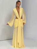 Maxi Dress Elegant For Women Long Sleeves Deep V-Neck Backless.