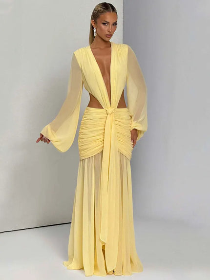 Maxi Dress Elegant For Women Long Sleeves Deep V-Neck Backless.