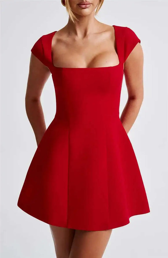 Short Dress Elegant for Women Short Sleeve Square Neck A Line