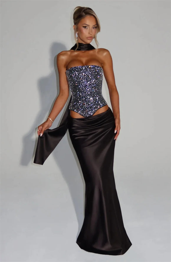 Women's Sexy Dress Sequin Set Crop Top Long Satin Skirt Elegant