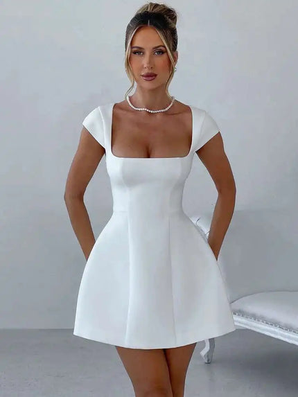 Short Dress Elegant for Women Short Sleeve Square Neck A Line