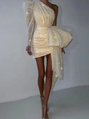 Mini Wedding Dress Elegant Bling Tulle Bow One Shoulder Puff Sleeve showcasing elegance and sparkle, perfect for modern brides.