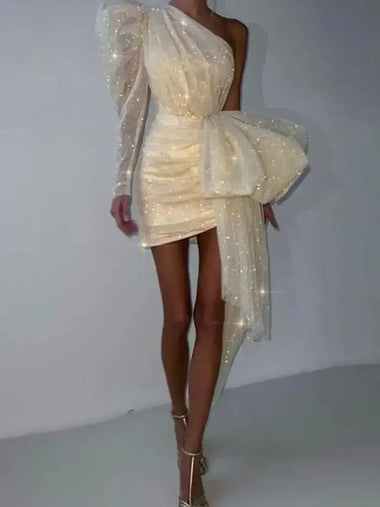 Mini Wedding Dress Elegant Bling Tulle Bow One Shoulder Puff Sleeve showcasing elegance and sparkle, perfect for modern brides.
