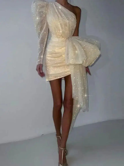 Mini Wedding Dress Elegant Bling Tulle Bow One Shoulder Puff Sleeve showcasing elegance and sparkle, perfect for modern brides.