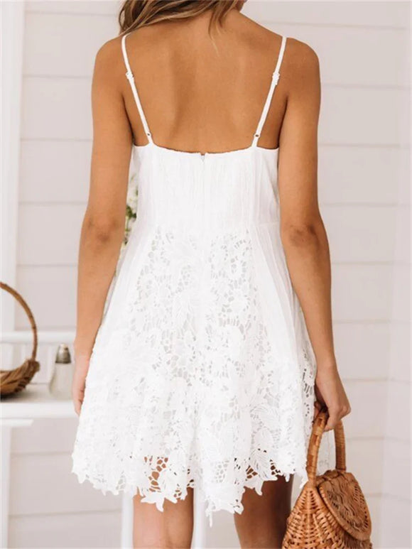 Sexy Dress Bohemian Sleeveless White Elegant Lace A-Line for Women 