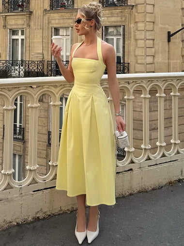 Women's Sexy Midi Dress Halter Backless Solid Sleeveless A-Line