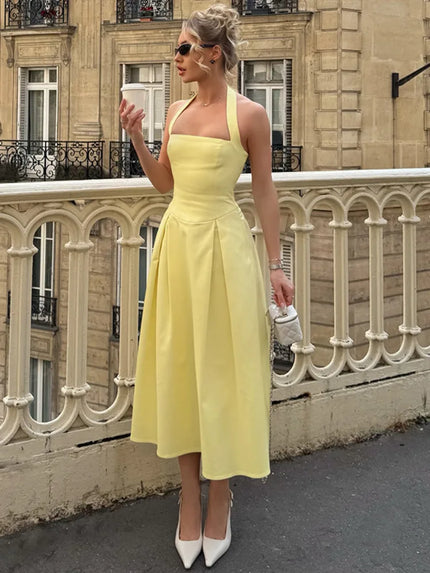 Women's Sexy Midi Dress Halter Backless Solid Sleeveless A-Line