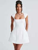 Short Dress Elegant for Women Short Sleeve Square Neck A Line