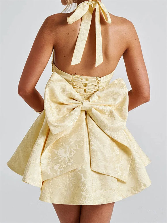 Women's Sexy Mini Dress Sleeveless Halter Lace Up Backless Big Bow