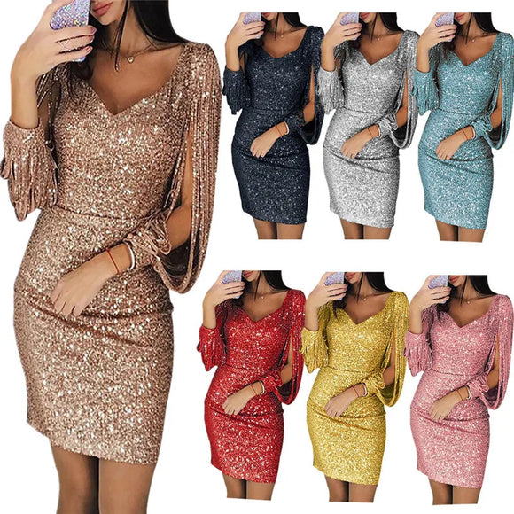 Women's Sexy Mini Dress Silver Sequin V Neck Long Sleeve Slim Fit