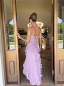 Women’s Maxi Dress Elegant Halter Neck Off Shoulder Backless Split Ruched