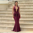 Robe longue sexy pour femme élégante décolleté en V profond froncée dos nu-22