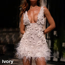 Gia Vestido de Novia Mini Espalda Descubierta con Escote en V Profundo, Lentejuelas y Plumas-11