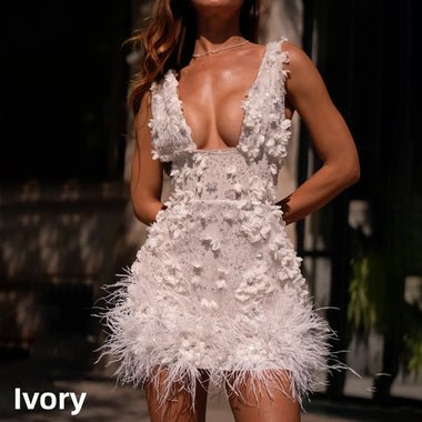 Buy ivory Gia Mini Wedding Dress Backless with Deep V, Sequins &amp; Feathers