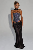 Women's Sexy Dress Sequin Set Crop Top Long Satin Skirt Elegant-14