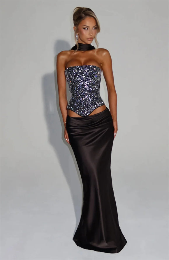 Women's Sexy Dress Sequin Set Crop Top Long Satin Skirt Elegant