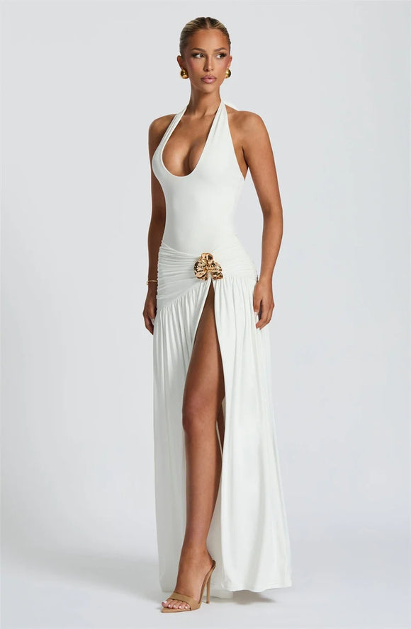 Maxi Dress Set Sexy Elegant Backless Halter Neck Bodysuit Slit Long Skirt