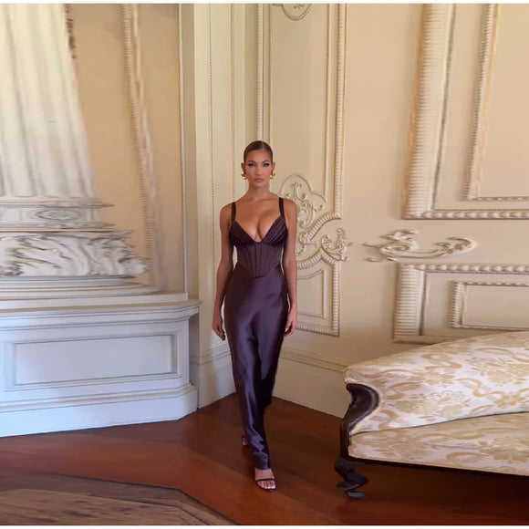 Women's Sexy Long  Dress Satin Elegant Backless Bodycon Fishbone