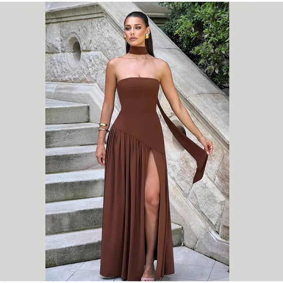 Women's Sexy Maxi Dress Elegant Strapless Backless High Slit Evening